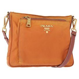 Bolsa de Ombro PRADA em Nylon Couro Laranja Dourado Auth 155084 Dourado Laranja