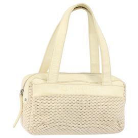 CHANEL Tote Bag Canvas Leather White Silver CC Auth BA8037 Silvery White