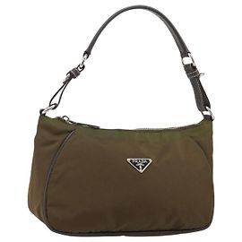 PRADA Shoulder Bag Nylon Khaki Silver Auth 145010 Silvery Khaki