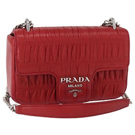 PRADA Chain Nappa Goful Shoulder Bag Leather Red Silver Auth 157786 Silvery Red