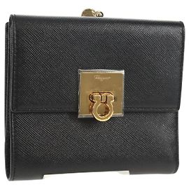 Salvatore Ferragamo Gancini Bifold Wallet Leather Black Gold Auth 149762AV Black Golden
