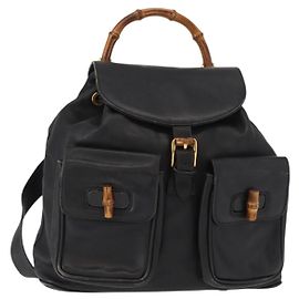 Mochila de Couro Gucci Bamboo Preta Dourada 003 2058 0016 Auth 154504 Preto Dourado