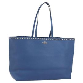 VALENTINO Studs Tote Bag Leather Blue Silver Auth BA8693 Silvery Blue