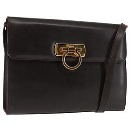 Borsa a Spalla Gancini in Pelle Marrone Auth BA6800 di Salvatore Ferragamo Marrone