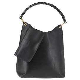 Bolsa de Ombro de Couro Gucci Bamboo Preta Dourada 001 1013 1881 Auth BA6477 Preto Dourado