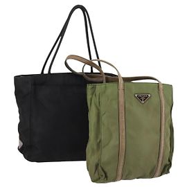 PRADA Tote Bag Nylon 2Set Khaki Black Auth 143394 Black Khaki