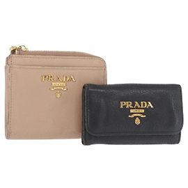 PRADA Key Case Leather 2 Set Beige Black Auth bs31485 Black Beige