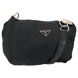 Bolsa de Ombro PRADA em Nylon Couro Preto Dourado Auth bs30072 Preto Dourado