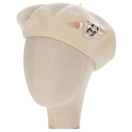CHANEL Kamille Beret aus Wolle Creme CC Auth 148661M Roh