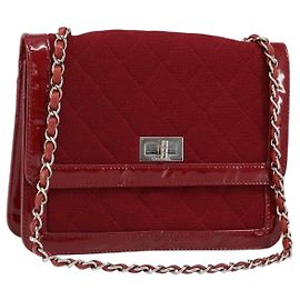 CHANEL 2.55 Bolsa de Hombro Matelassé Cadena Rojo Esmalte Plata CC Auth bs30717 Plata Roja