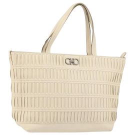 Salvatore Ferragamo Tote Bag Leather Beige Silver Auth 153124 Silvery Beige