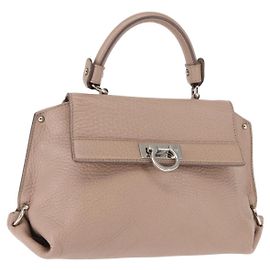 Bolsa de mão em couro bege e prata Gancini Sophia da Salvatore Ferragamo Auth 145498 Prata Bege
