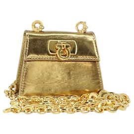 Borsa a spalla in pelle Gancini Micro Chain di Salvatore Ferragamo, oro, Auth BA8245 D'oro