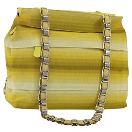 Salvatore Ferragamo Vala Chain Tote Bag Canvas Yellow Silver Auth 155658 Silvery Yellow