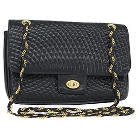 BALLY Bolsa de Ombro com Corrente Couro Preto Dourado Auth BA7303 Preto Dourado