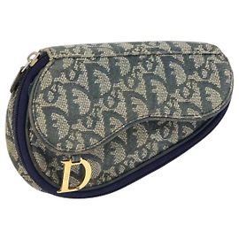 Christian Dior Trotter Canvas Satteltasche Navy Gold Auth 149216 Golden Marineblau
