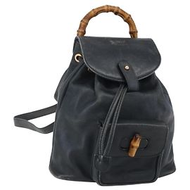 Mochila de Couro Gucci Bamboo Preta Dourada 003 1956 0030 Auth ka167 Preto Dourado