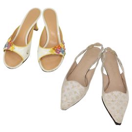 LOUIS VUITTON Shoes Leather Canvas 2 Set Silver White LV Auth th6500 Silvery White