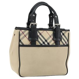BURBERRY Nova Check Hand Bag Canvas Beige Silver Auth bs30646 Silvery Beige