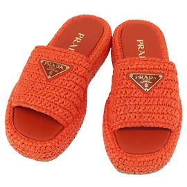 PRADA Flat Form Sandals Raffia Orange Auth 143606 Orange