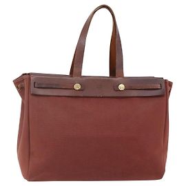 Hermès HERMES Herbag Cabas GM Bolsa Tote Lona Couro Marrom Ouro Auth bs29683 Marrom Dourado