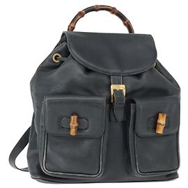 GUCCI Bamboo Backpack Leather Navy Gold 003 2058 0016 Auth 152368 Golden Navy blue