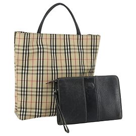 BURBERRY Nova Check Tote Bag Leather Canvas 2Set Black Beige Auth 143395 Black Beige