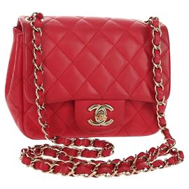 CHANEL Matelassé 17 Bolsa de Hombro con Cadena de Piel de Cordero Roja Dorada CC Auth 144831SAM Roja Dorado