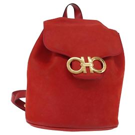 Salvatore Ferragamo Backpack Suede Red Gold Auth BA6583 Red Golden