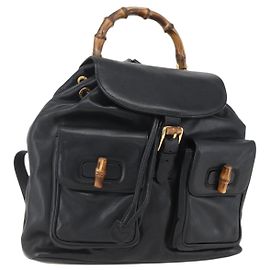 Mochila de Couro Gucci Bamboo Preta Dourada 003 2058 0016 Auth ka588 Preto Dourado