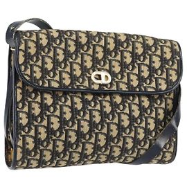 Borsa a Spalla in Tela Trotter Christian Dior Blu Navy Oro Auth 153965 D'oro Blu navy