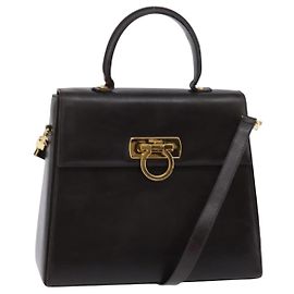 Bolsa de mão em couro Gancini Salvatore Ferragamo 2 em 1 Marrom Ouro Auth 147511 Marrom Dourado