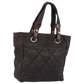 CHANEL Paris Biarritz Tote Bag Coated Canvas Dark Brown Silver CC Auth bs29897 Silvery Dark brown