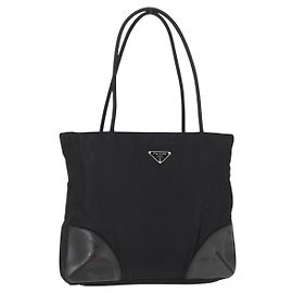 PRADA Tote Bag Nylon Leather Black Silver Auth ka211 Black Silvery
