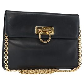 Borsa a spalla Gancini in pelle blu navy e oro Auth 152720 di Salvatore Ferragamo D'oro Blu navy