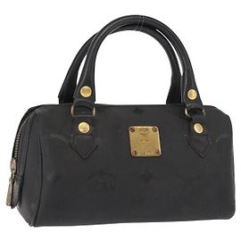 MCM Vicetos Logogram Mini Bolsa de Mão em Couro PVC Preto Dourado Auth bs30228 Preto Dourado