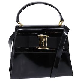 Sac à main Salvatore Ferragamo Vala Émail 2 voies Noir Or Auth 147507 Noir Doré