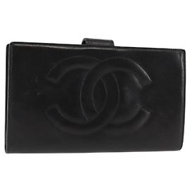 CHANEL Long Wallet Lamb Skin Black CC Auth am9206 Black
