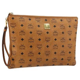 MCM Logogram Vicetos Clutch Bag in PVC Pelle Marrone Oro Auth am9180 Marrone D'oro