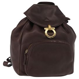 Salvatore Ferragamo Gancini Backpack Leather Brown Gold Auth 152386 Brown Golden