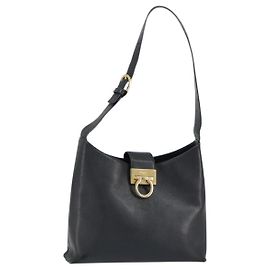 Borsa a Spalla Gancini in Pelle Nera e Oro Auth BA8226 di Salvatore Ferragamo Nero D'oro