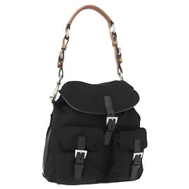 Bolsa de Ombro PRADA Nylon Preto Prata Autêntica 147527 Preto Prata