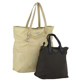 Bolsa Tote PRADA Nylon 2 Set Caqui Bege Auth 151727 Bege Caqui
