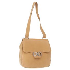 Bolsa de Ombro Gancini de Couro Bege Prata Auth BA8874 da Salvatore Ferragamo Prata Bege