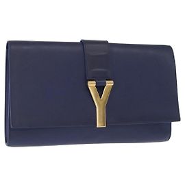 Saint Laurent Bolsa Clutch Y line em couro azul e dourado Auth 157238V Azul Dourado