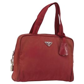 PRADA Hand Bag Nylon Red Silver Auth BA8645 Silvery Red