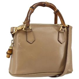 Bolsa de mão em couro GUCCI Bamboo 2way Bege Ouro 007 2865 0231 Auth 143591 Bege Dourado