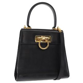 Salvatore Ferragamo Gancini Hand Bag Leather 2way Black Silver Auth am9914 Black Silvery