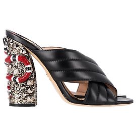 Gucci Webby Snake Heel Mules in Black Leather Black