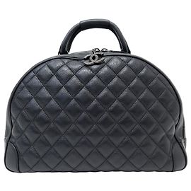 NEW CHANEL BOWLING AIRLINES WEEKEND QUILTED BLACK LEATHER HANDBAG Black